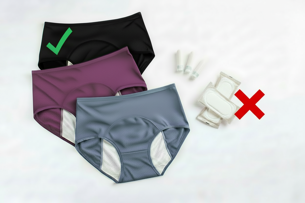 Menstruatieondergoed — groot groen vinkje, klein rood kruis
